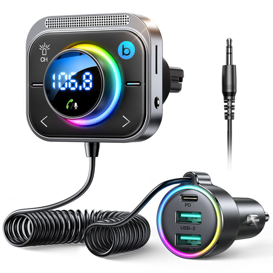 JOYROOM 66W Bluetooth 5.4 Adapter for Car【Bass Boosted & Hi-Fi】Music FM Transmitter Car Bluetooth【30W PD & 2*18W QC 3.0】Hands-Free Car Charger Cigarette Lighter Support Aux & TF Card