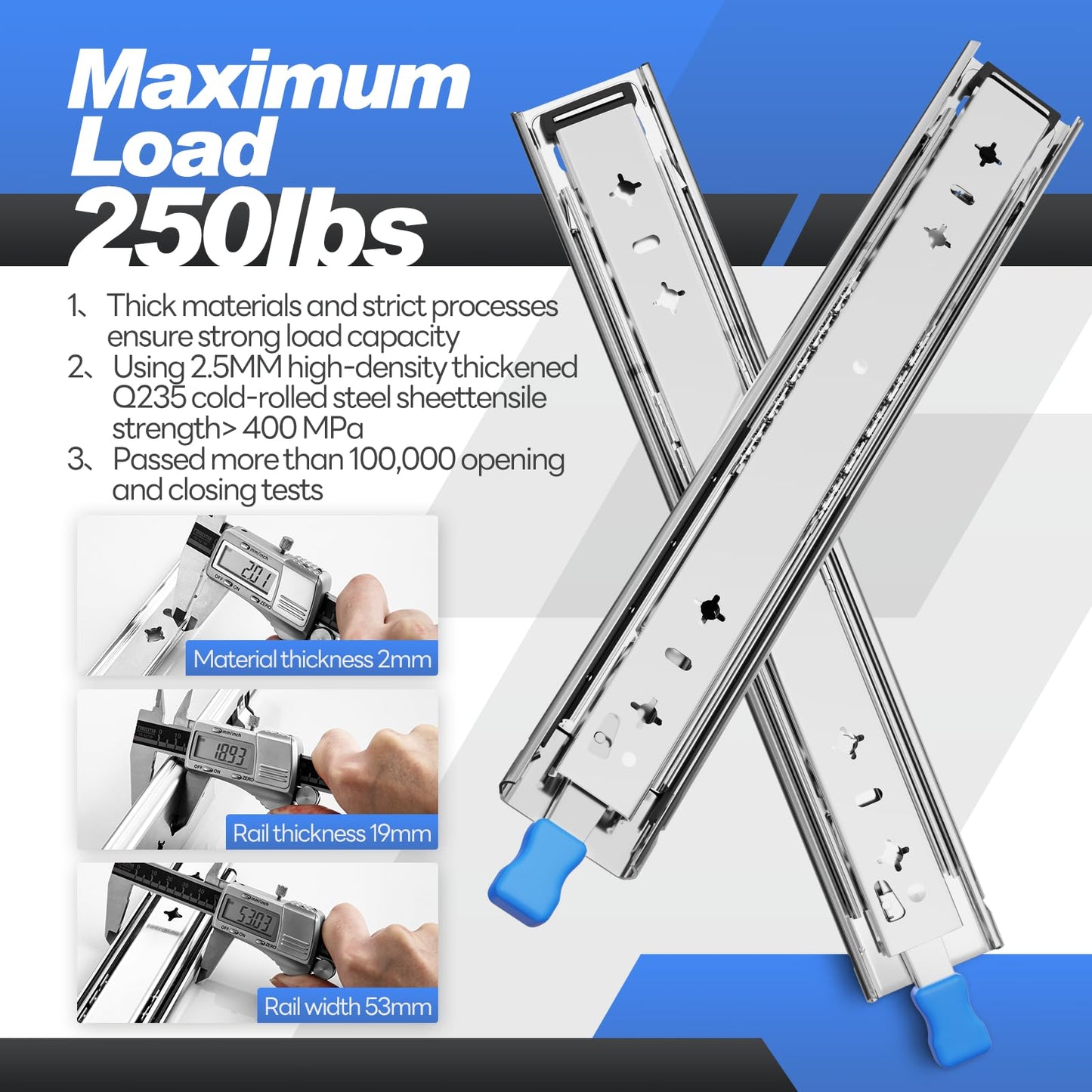 SHUHANG Heavy Duty Drawer Slides Full Extension 400mm with Lock, Ball Bearing Drawer Runners, 120KG Load Capacity, Side Mount, 1 Pair (2 Pieces)