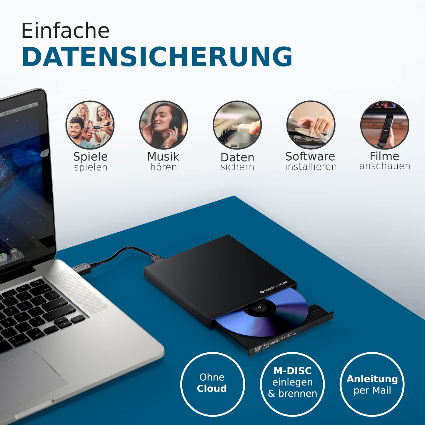 techPulse120 USB 3.0 3D External Blu-Ray Burner Burner M-Disc BDXL Superdrive Blu-ray Rom Drive BD DVD CD Slim for Computer PC Notebook Ultrabook Windows MacOS Apple iMac MacBook Pro Air Black