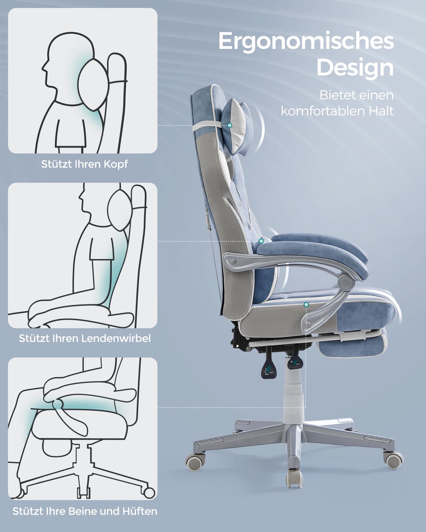 SONGMICS Office Chair with extendable footrest, headrest, lumbar support, adjustable height, ergonomic design, tiltable backrest, and weight capacity up to 330 lbs, sea blue-cream white OBG073Q01.