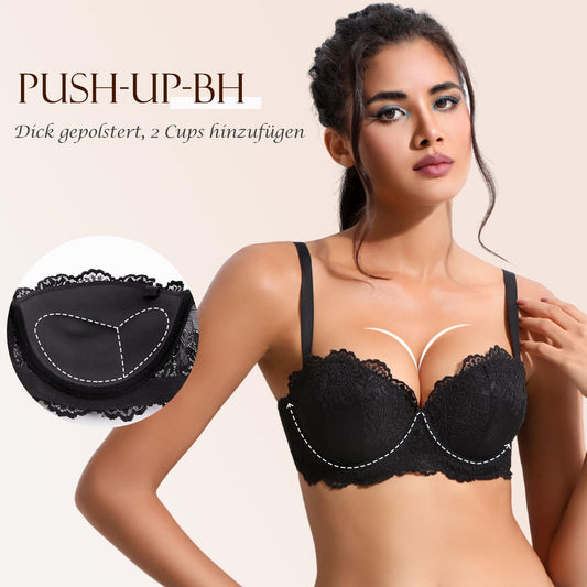 YANDW Strapless Padded Push Up Lace Bra with Multiway Clear Straps Strapless Women's Balconette Bras Black, 32D