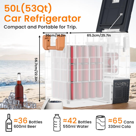 UKKISO Compressor Cooler Box 50L Fridge for Car, 12/24V DC 100-240V AC Electric Cooler Box for Car, 12/24V DC and 100-240V AC for Car, Truck, Boat, Camping, -20°C to 20°C, with USB port.