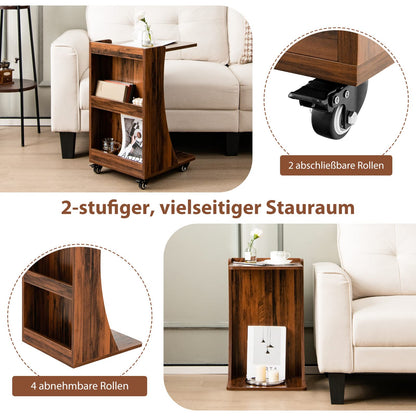 COSTWAY side table with wheels, mobile sofa table with 2 rear storage shelves, C-shape, coffee table for living room, bedroom, 42.5 x 38 x 67 cm, vintage brown.