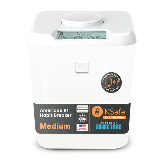 Kitchen Safe with time-lock container (Medium), time-lock box for phones, snacks, and other unwanted temptations (white lid + 5.5" white container with access opening)