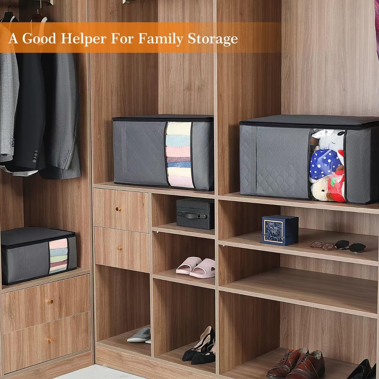 Auveir 6 Pieces 60L Storage Bag, Storage Box with Lid, Large Clothes Storage Moving Boxes, Foldable Storage Bins for Comforters Blankets Clothing Underbed Closet