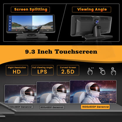 Wireless Carplay Android Auto display with 2.5K front dashcam, 1080P rear camera, 9.3-inch Carplay display with Bluetooth, Mirror Link, FM transmitter, AUX cable, 64GB TF card.