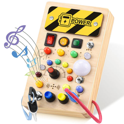 YIKANWEN Montessori Busy Board Toy for 1 2 3 Year olds, wooden toy with music and 10 LED light switch sensory learning toy for babies toddlers boys girls aged 1 2 3 4 years