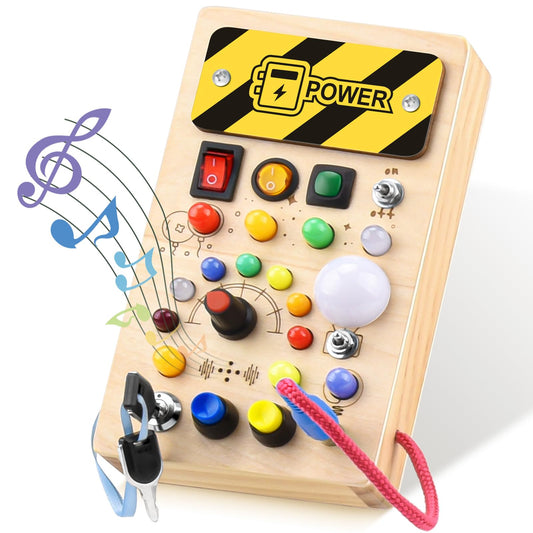 YIKANWEN Montessori Busy Board Toy for 1 2 3 Year olds, wooden toy with music and 10 LED light switch sensory learning toy for babies toddlers boys girls aged 1 2 3 4 years