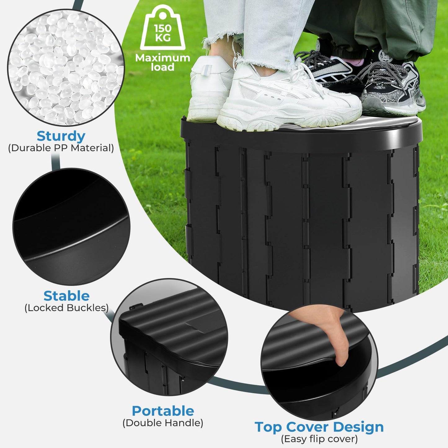 ITMNMNL Camping Toilet, Portable Toilet for Camping, max 150 kg, Foldable Camping Toilet, Composting Toilet for Outdoor or Indoor Use, Camping WC, Toilet Bag + Storage Bag - Black