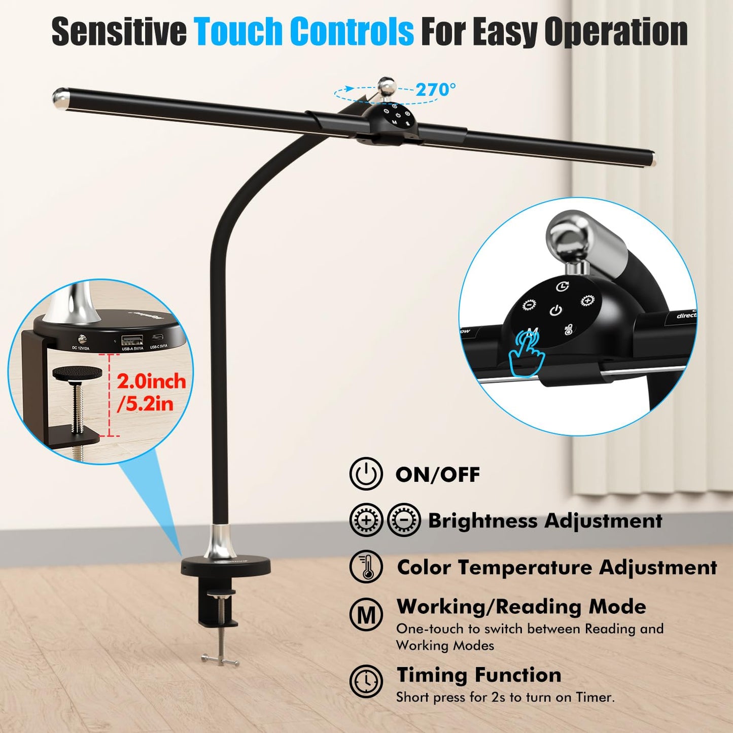 LED Dimmable Desk Lamp 24W Eye-Caring Daylight Office Table Lamp Desk Monitor Lamp Gooseneck Task Light for Home Office Architect Lamp, 6 Touch Functions