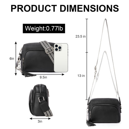 CLUCI Women's Crossbody Bag with Wide Strap, PU Leather Shoulder Bag with Fringe, Adjustable Shoulder Strap, Small Handbag in Black