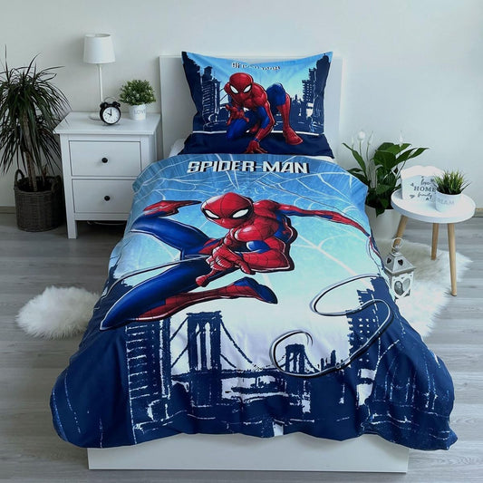 Jerry Fabrics Kids Bedding Set Reversible Spider-Man City Spider Webs Blue, Duvet Cover 140x200 cm, Pillowcase 70x90 cm, 100% Cotton, Multicolored, 23BS233