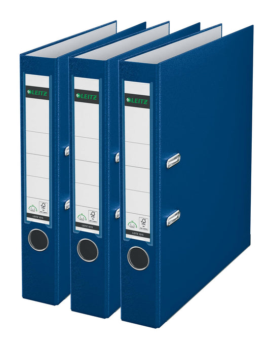 Leitz Quality Folder 180° Plastic, 3 Pack, Original, A4 file folder 5 cm slim, 90% recycled cardboard, 30% pre-consumer recycled plastic, with 180° mechanism, 350 sheets, Blue, 310345035