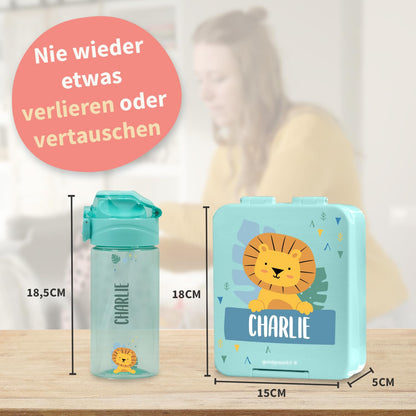 Well-marked - Set with personalized water bottle for kids & personalized plastic lunch box for kids - water bottle with straw and 450ml - 100% BPA-free (Petrol)