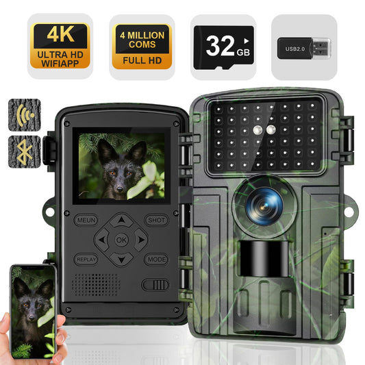 Wildlife camera, 4K video outdoor camera, 60MP Full HD WiFi with mobile transmission app, motion sensor, night vision, 0.1s trigger time, infrared camera with 32G memory card & card reader IP66 Waterproof.