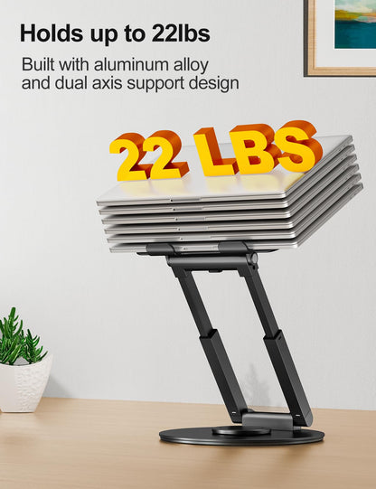 Adjustable height laptop stand with 360° swivel base, ergonomic design, ideal for standing desks. Compatible with MacBook Pro and laptops 10-17 inches. Black color.