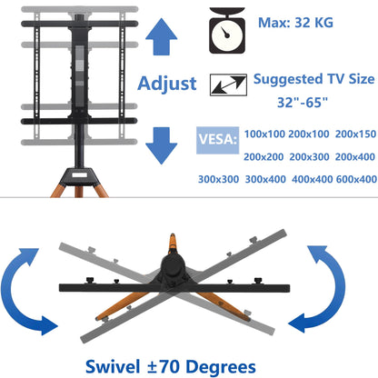 ETHU Tripod TV Stand Wooden TV Easel for 32-65 inch TVs, Height Adjustable TV Floor Stand with Media Shelf for LED/LCD Screens, TV Stand with 140° Swivel Function VESA 600x400mm