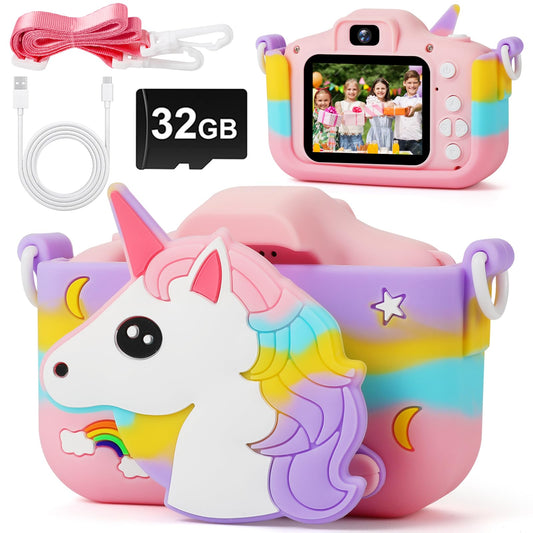 Kids Camera - Girls Gifts/1080P Kids Digital Camera+32GB TF Card, Anti-Drop Camera Case/HD Video/38 Picture Frames and Filters/8x Zoom/5 Learning Games, Gifts for Boys Girls 3-9 Years