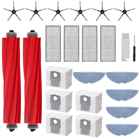 Accessory set for Roborock S7 MaxV Ultra/S7 Pro Ultra, 5 dust bags, 2 main brush rolls, 6 side brushes, 4 filters, 5 mop cloths, 1 brush cleaning tool. Vacuum robot replacement parts accessories.