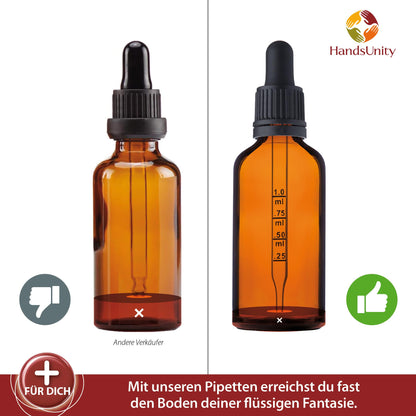 HandsUnity pipette bottle small glass bottle 30ml-12pcs - apothecary set made of amber glass with black pipette cap. Includes 29pcs of additional accessories. Amber glass bottles.