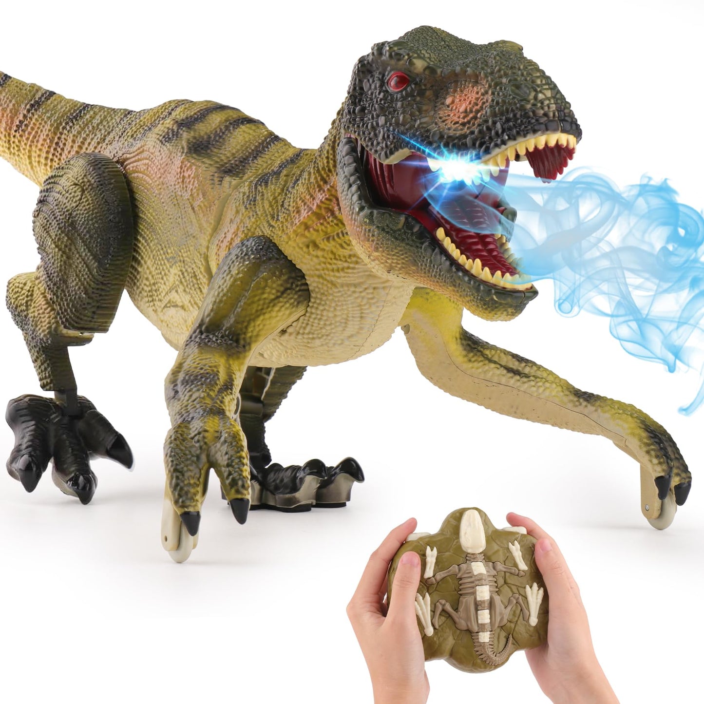 PREBOX Remote Control Dinosaur Toy for Boys, RC Dino Robot with Roaring, Spraying Function, Head and Tail Movements, Realistic Walking Movements, Gift for Kids 3-12 Years