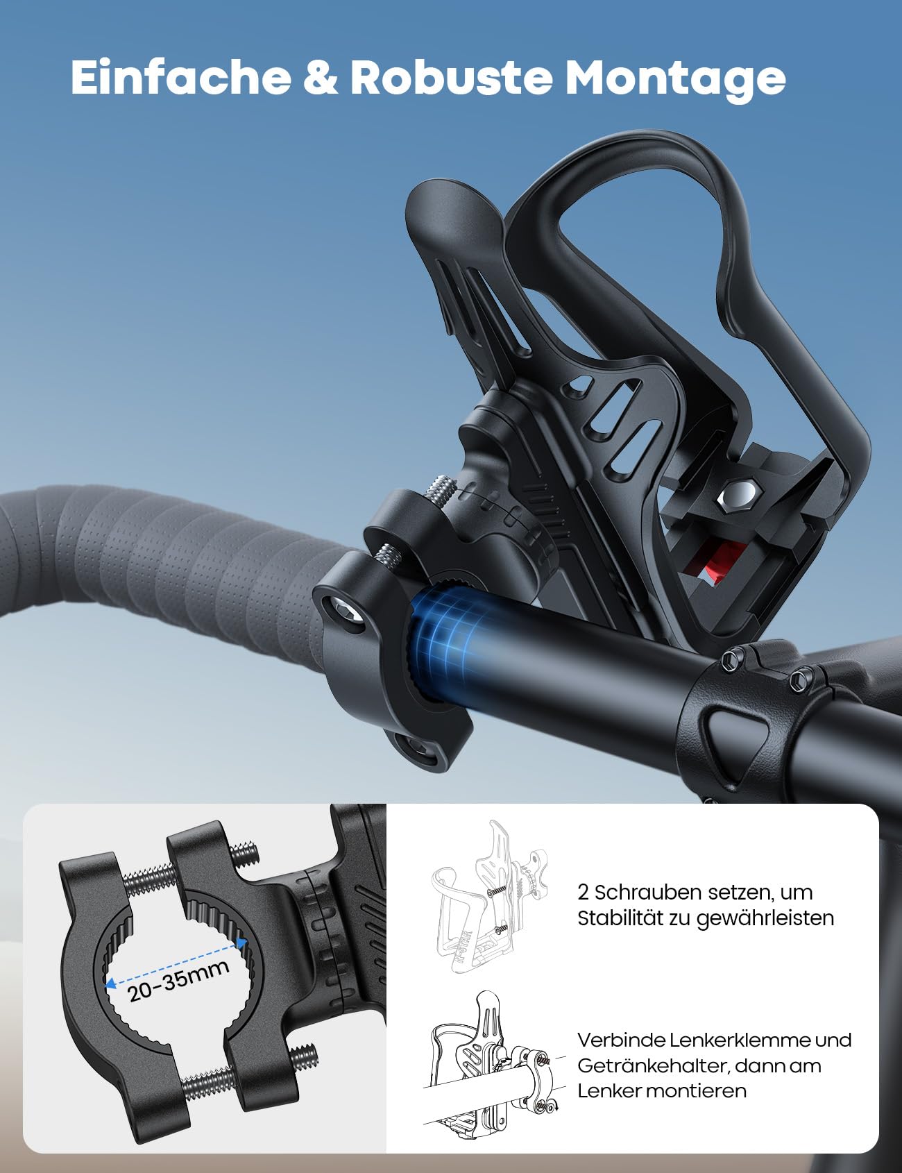 Lamicall bottle holder for bike and motorcycle - [For bottles with 48-71mm diameter & Max. 500ML] Drink bottle holder for MTB, E-bike, stroller, frame & handlebar bottle holder