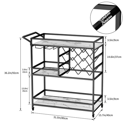 DAWNYIELD 3-tier mobile wine cart, bar serving cart on wheels with wine and glass shelves, modern rolling wine storage cart for kitchen home parties (Black)