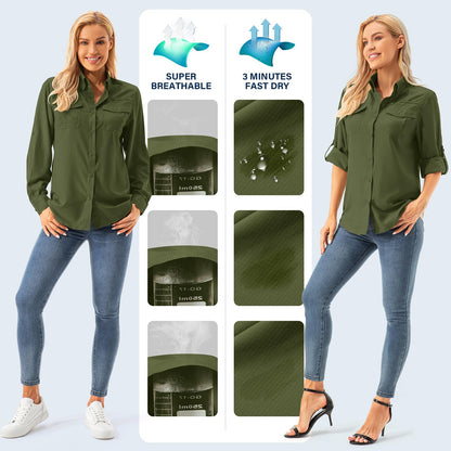 Asphyxiated ladies button-down UV shirt UPF 50+ safari clothing hiking blouse women outdoor cooling quick dry sun protection long sleeve airy shirt（5072 Army Green M）