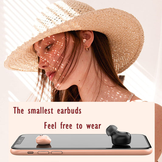 Mini Bluetooth earphones wireless in-ear earbuds, smallest invisible wireless headsets with noise cancelling for sleeping, small ears, kids, side sleepers, sports. Comes with charging case for iPhone, Android in white.