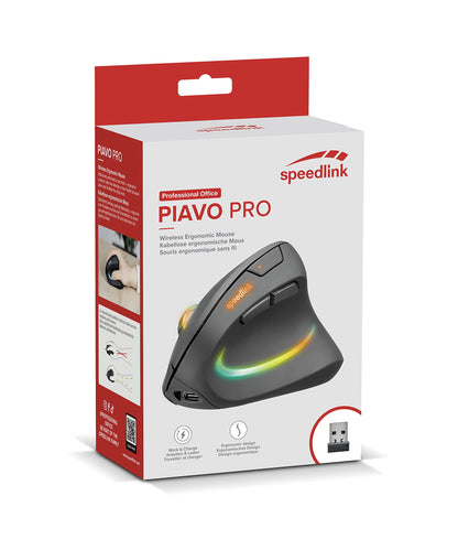 Speedlink PIAVO PRO RGB Vertical Mouse rechargeable - wireless quiet mouse ergonomic for right-handers, integrated battery, LED RGB lighting, adjustable up to 3200 dpi, black