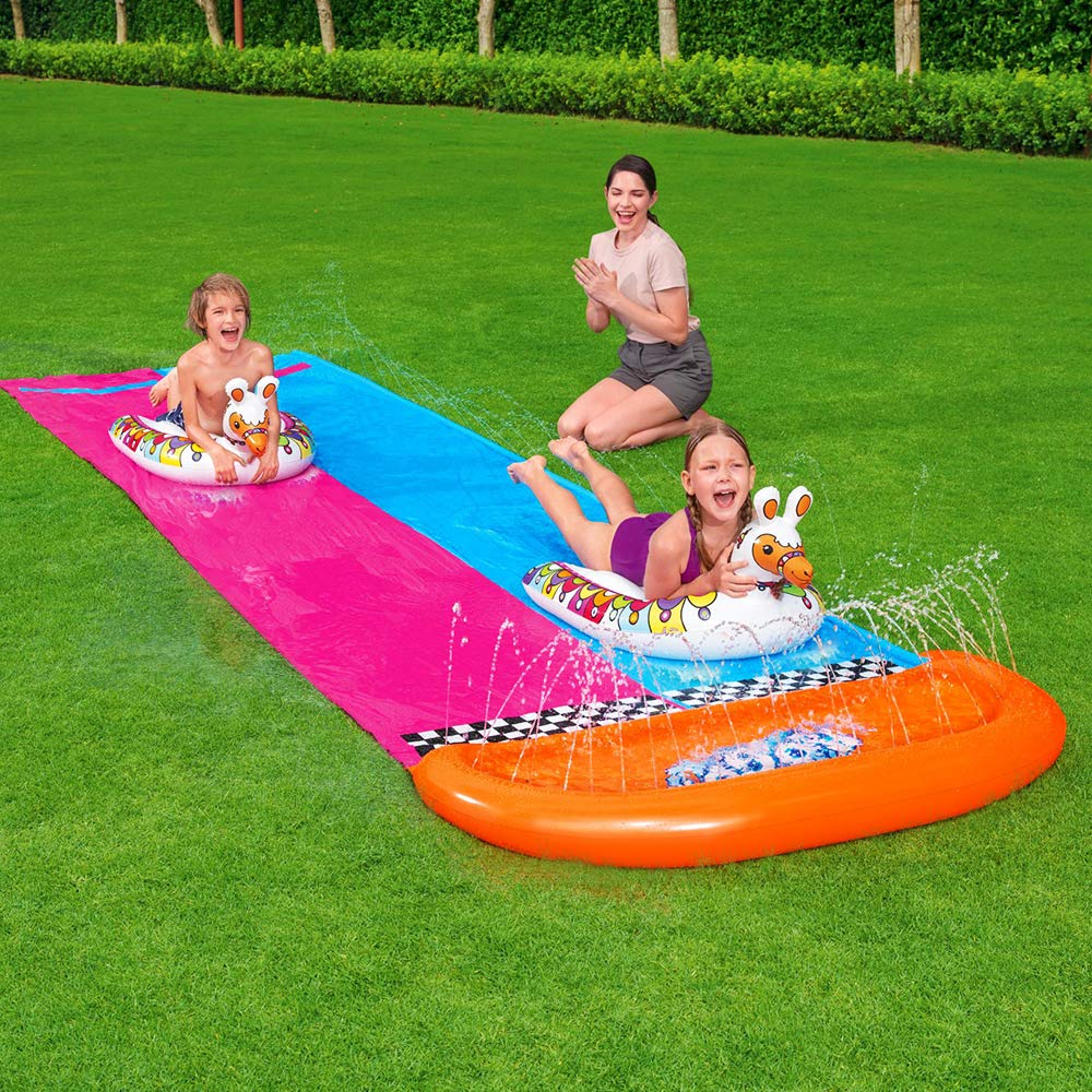 Bestway H2OGO!™ 2-person water slide with inflatable llama floaties, 487 x 138 cm.
