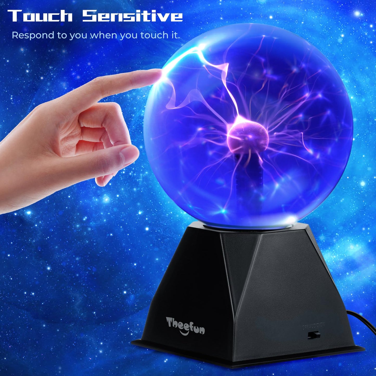 Theefun 6 inch Plasma Ball, Magic Light Ball Plasma Lamp Touch-Sensitive Lightning Sphere Flashing Educational Toy Physics Light Plasma Lamp Glass Sphere Light Effects, Blue