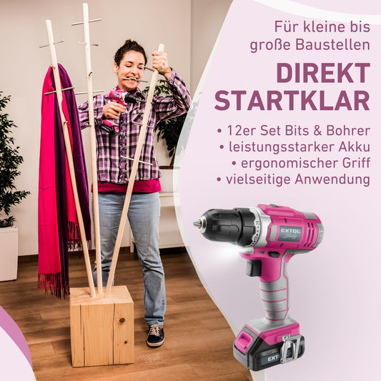 Praise Lady cordless drill for women I 12 Volt cordless screwdriver for women I Drill for wood, metal & plastic I Cordless drill with 12-piece bit & drill set + bag I Tool set Pink