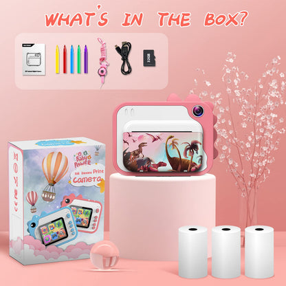 Children's camera, digital camera instant print camera 1080P 2.4 inch screen video camera black and white photo camera with 32GB memory card, 3 rolls of printing paper, 5 colored brush pens gift for children