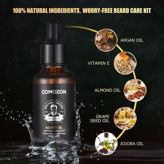Comozon 12-in-1 Beard Care Set with Beard Roller, Beard Growth Kit with Beard Shampoo Beard Oil Beard Balm Razor Beard Brush Beard Comb Beard Scissors, Gifts for Husband, Boyfriend, and Dad
