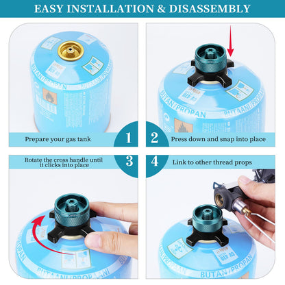 Jeebel Camp Valve Cartridge Adapter for Campingaz Easy-Click/CV gas cartridges. Transition from bayonet fitting to 7/16" screw thread connection.