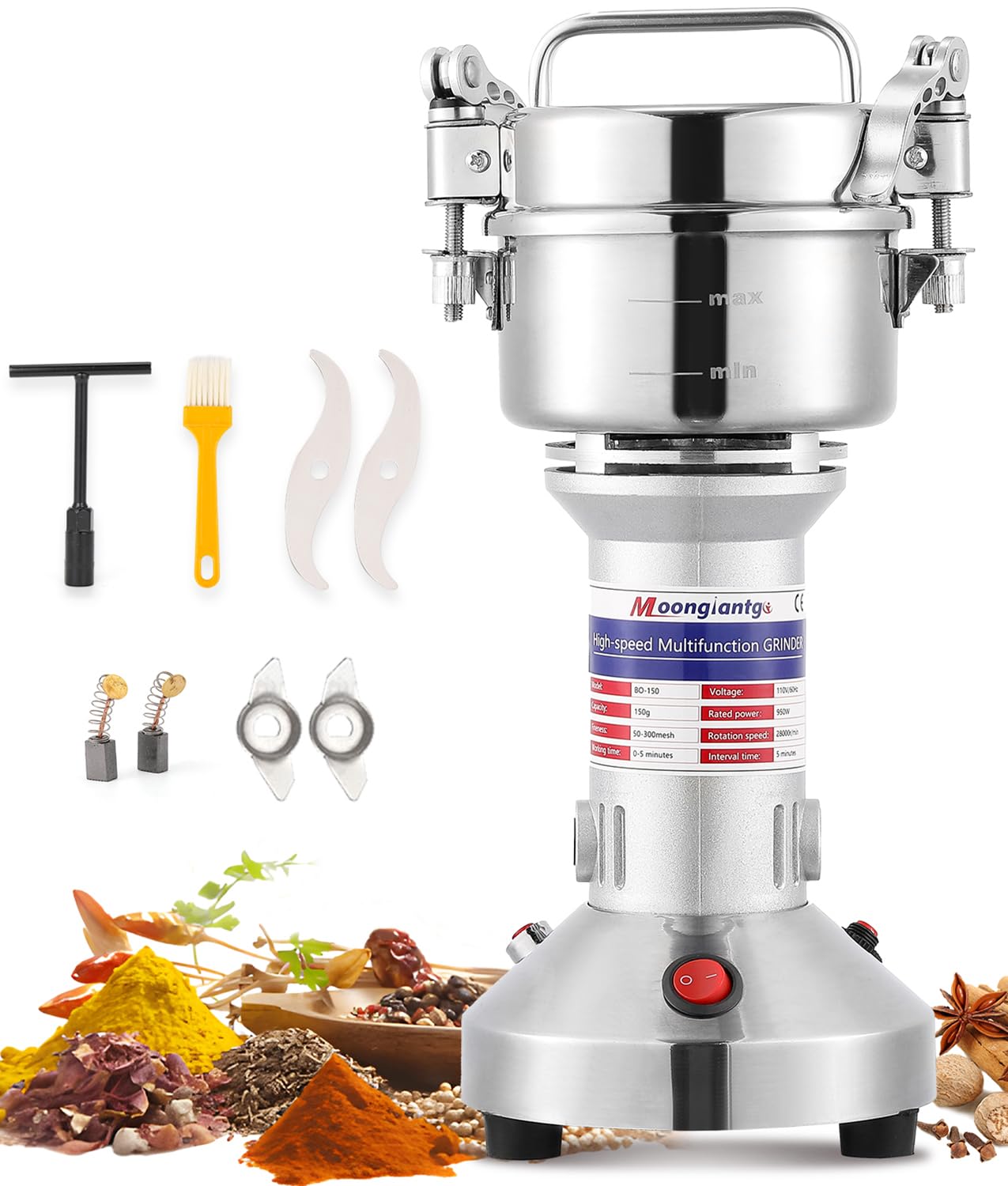 Moongiantgo Electric Grain Mill 150g, 950W Spice Grinder made of 430 Stainless Steel Commercial Powder Machine High Speed Mill for Grains, Spices, Herbs, Coffee, Corn with Overload Protection