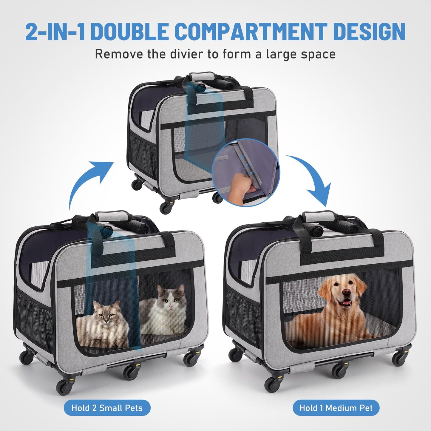 FASNATI Extra Large Cat Carrier for 2 cats up to 20kg, Foldable carriers for 2 cats with wheels, Large cat carrier for walks/camping, Grey.