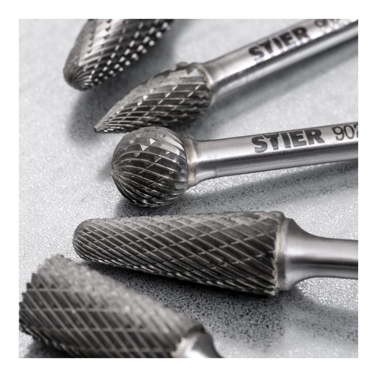 BULL Carbide Burrs Set 10 pcs, 6mm shank diameter, burr shapes: cylinder plain end, ball nose, oval, drop, pointed arch, high cutting speed 840 m/min.