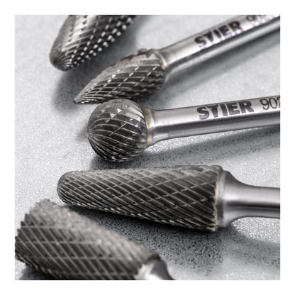 BULL Carbide Burrs Set 10 pcs, 6mm shank diameter, burr shapes: cylinder plain end, ball nose, oval, drop, pointed arch, high cutting speed 840 m/min.