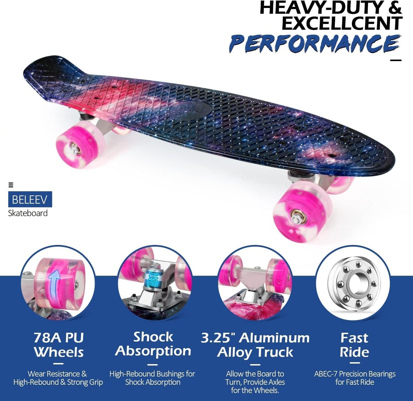 BELEEV 22-inch Kids Skateboard with LED Light-up Wheels, Complete Mini Cruiser Skateboard for Kids Teens Adults, LED Light-up Wheels with All-in-one Skate T-Tool for Beginners