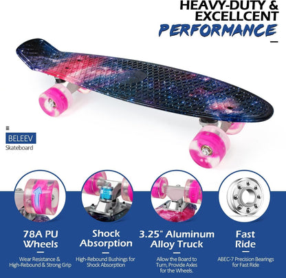 BELEEV 22-inch Kids Skateboard with LED Light-up Wheels, Complete Mini Cruiser Skateboard for Kids Teens Adults, LED Light-up Wheels with All-in-one Skate T-Tool for Beginners