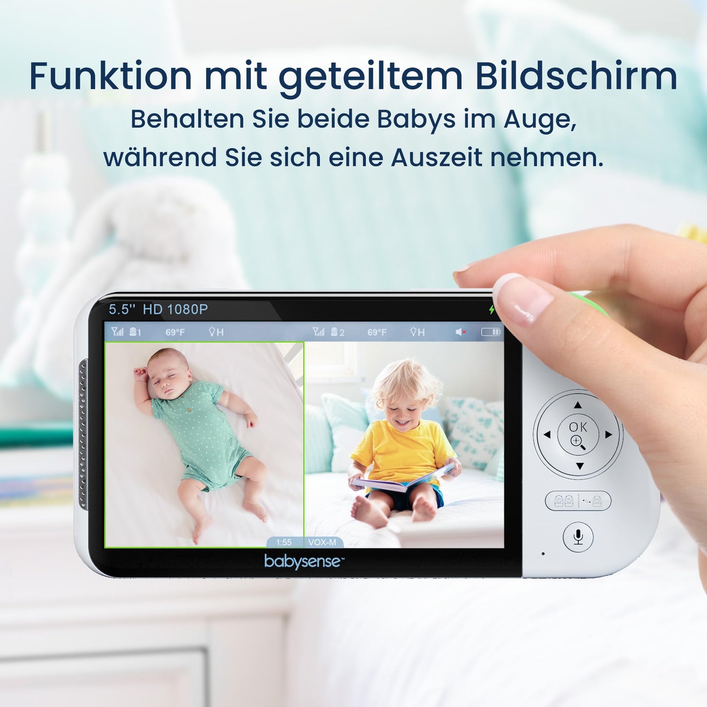 Babysense video baby monitor with camera, No Wi-Fi, 5.5-inch 1080p Full HD display, 6-color night light, 300m range, Two-way audio, 4X zoom, 5000mAh battery.