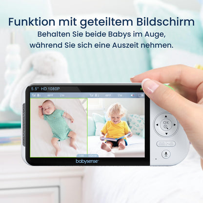 Babysense video baby monitor with camera, No Wi-Fi, 5.5-inch 1080p Full HD display, 6-color night light, 300m range, Two-way audio, 4X zoom, 5000mAh battery.