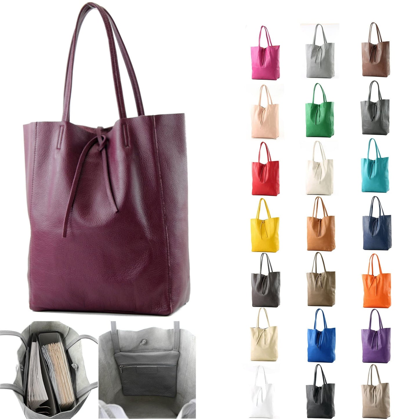 modamoda de T163 Women's Leather Shopper Shoulder Bag Large with Inner Pocket handmade in Italy, Color: Gray-green