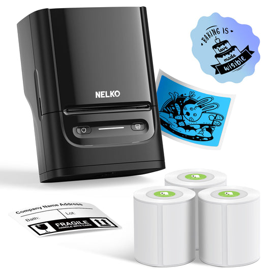 Nelko Labeling Machine with adhesive tape, PM220 Bluetooth Label Printer, 2 Inch Portable Thermal Printer for small businesses, logo, clothing, sticker printer for phones & PC, comes with 3 labels.