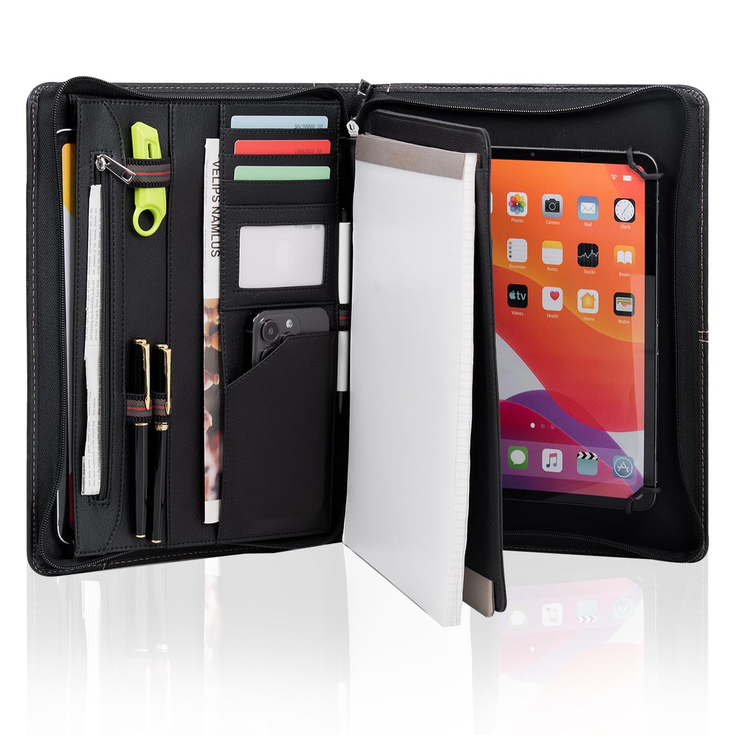 Calfinder conference folder A4 leather with zipper 12.9 inch tablet bag genuine cowhide premium handmade leather portfolio, padfolio, leather folder, document holder, business portfolio, file folder.