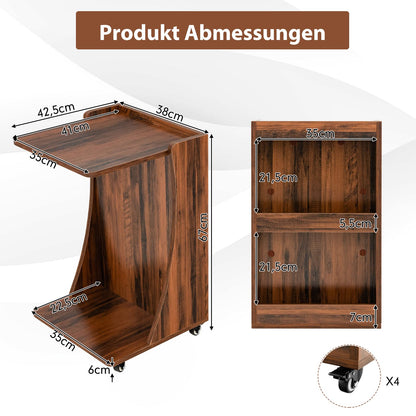 COSTWAY side table with wheels, mobile sofa table with 2 rear storage shelves, C-shape, coffee table for living room, bedroom, 42.5 x 38 x 67 cm, vintage brown.