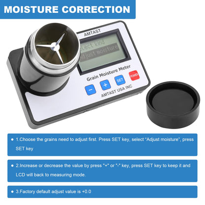 AMTAST Grain Moisture meters for 22 grains: wheat, corn, coffee, cocoa beans, flaxseed, soybeans, rice, almonds, peanuts, parchment coffee, sesame, sorghum, canola, barley.