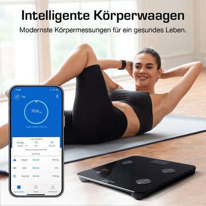 Active Era Body Fat Scale - Digital Bathroom Scale with App - Smart Bluetooth Scale for Body Analysis - Body Fat, BMI, Weight (max. 180 kg), Muscle Mass, Water, Protein, Bone Weight - Black